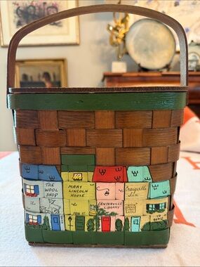 Vintage Audrey Anderson The Wool Shop Painted Woven Wood Basket Handbag Cape Cod